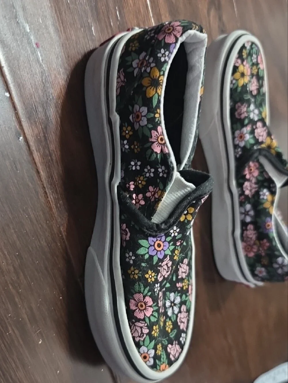 Vans Kids Black Floral Slip-On Sneakers with Pink & Yellow Flowers